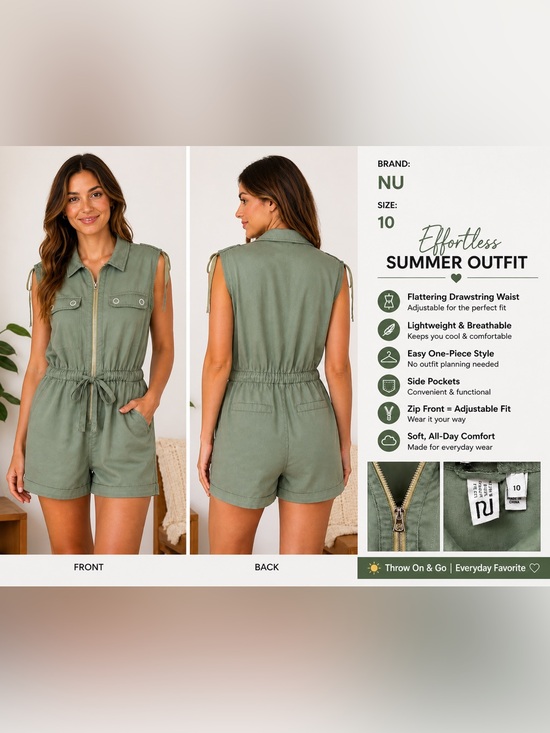Fresh Urban Style with No City Limits Pants - Sage Green Utility Romper| Size 10 |Zip Front |Drawstring Waist